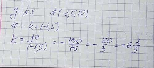 Найдите значение коэффицента k функции y=kx если точка a(-1,5; 10) принадлежит графику этой функции