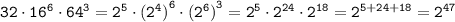 \tt 32\cdot 16^6\cdot64^3=2^5\cdot {(2^4)}^6\cdot{(2^6)}^3=2^5\cdot2^{24}\cdot 2^{18}=2^{5+24+18}=2^{47}