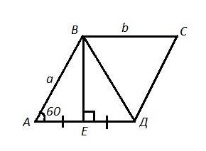 Впараллелограмме abcd угол а равен 60°. высота ве делит сторону ad на две равные части. длина диагон