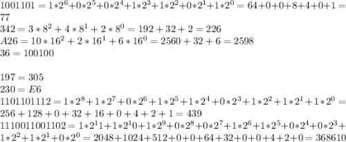 1001101 = 1*2^{6}+0*2^{5} +0*2^4+1*2^3+1*2^2+0*2^1+1*2^0 = 64+0+0+8+4+0+1 = 77 \\342 = 3*8^2+4*8^1+2*8^0 = 192+32+2 = 226\\A26 = 10*16^2+2*16^1+6*16^0 = 2560+32+6 = 2598\\36 = 100100\\\\ 197 = 305 \\230 = E6\\1101101112 = 1*2^8+1*2^7+0*2^6+1*2^5+1*2^4+0*2^3+1*2^2+1*2^1+1*2^0 = 256+128+0+32+16+0+4+2+1 = 439\\1110011001102 = 1*2^11+1*2^10+1*2^9+0*2^8+0*2^7+1*2^6+1*2^5+0*2^4+0*2^3+1*2^2+1*2^1+0*2^0 = 2048+1024+512+0+0+64+32+0+0+4+2+0 = 368610