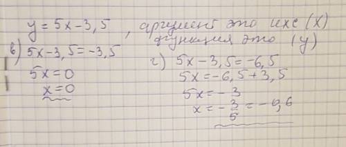 Найдите значение аргумента , при котором у=5х-3,5 принимает значение в) -3,5; г) -6,5 как это решает