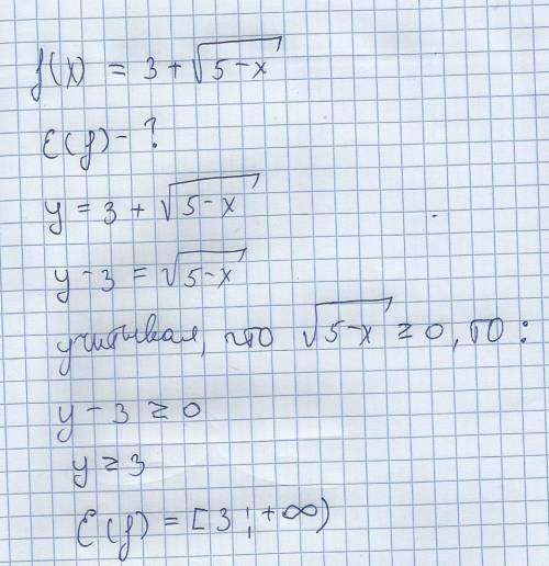 Найдите область значения функции f(x)=3+√5-x.