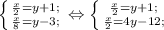 \left \{ {{\frac{x}{2}=y+1;} \atop {\frac{x}{8}=y-3;}} \right.\Leftrightarrow\left \{ {{\frac{x}{2}=y+1;} \atop {\frac{x}{2}=4y-12;}} \right.