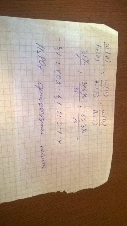 Найдите формулу вещества по известным массовым долями: w(h)=3,6%; w(p)=31,6%; w(o)=65,3