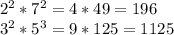 2^{2}*7^{2}=4*49=196\\3^{2}*5^{3}=9*125=1125