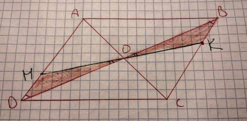 Прямая проходящая через точку o- пересечение диагоналей параллелограмма авсd- переступает сторону вс