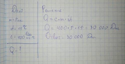 Какое количество теплоты необходимо для нагревания 5кг меди на 15 градусов