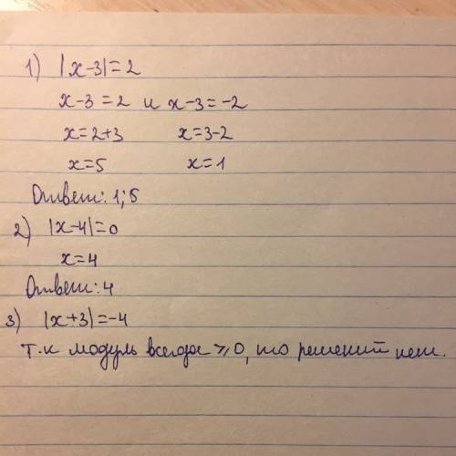 Решите уравнение: 1)ix-3i=2 2)ix-4i=0 3ix+3i=-4