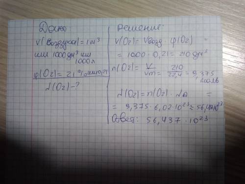 Определите число молекул кислорода o_2, содержащихся в 1 м^3 воздуха при нормальных условиях, если о