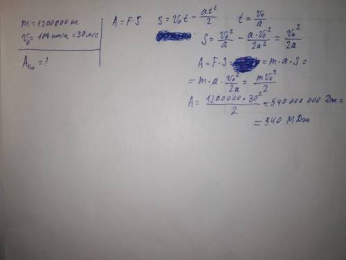 Какая работа должна быть совершенна для остановки поезда массой 1200 т. движущегося со скоростью 108