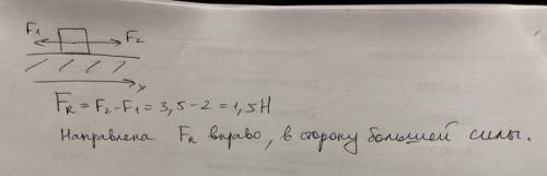 На тело действует две силы: горизонтально в лево f1=2h, горизонтально в право f2=3,5h. определите зн