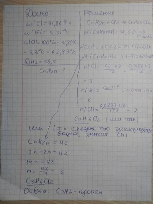 Дихлорпроизводное углеводорода с плотностью по водороду 56,5 имеет следующий состав: углерод – 31,86