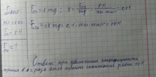 На брусок массой 10 кг, движущийся по горизонтальной поверхности, действует сила трения скольжения 5