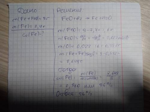 При полном восстановлении 9г смеси, состоящей из железа и оксида железа(ii), было получено 7,4 г жел