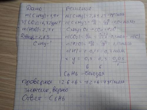 Під час спалювання органічної сполуки масою 3,9 г утворилося 6,72 л вуглекислого газу так 2,7 води.