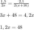 \frac{1,5}{2x}= \frac{2,1}{2(x+16)} \\ \\ 3x+48 = 4,2x\\ \\ 1,2x=48