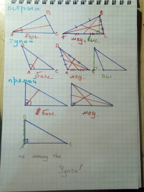 Построить биссектрису, медиану, высоту на треугольниках: равнобедренный, равно сторонний, разносторо