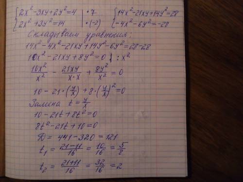 Решить систему уравнений, ! 2x^2-3xy+2y^2=4 2x^2+3y^2=14 распишите, если не сложно