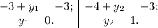 \begin{array}{c|c}-3 + y_1 = -3;&-4 + y_2 = -3;\\y_1 = 0.&y_2 = 1.\end{array}