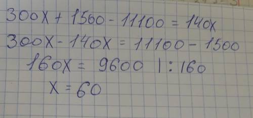 Решить уравнение 300x+1500-11100=140x