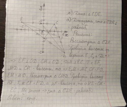 Треугольник cde задан координатами своих вершин: c(3; 2), d(-6; 6), e(-6; -2). а) докажите, что треу