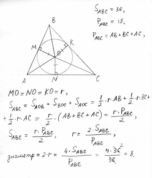 Площадь треугольника abc равна 36 а периметр 18 вычислите диаметр окружности вписанной в треугольник