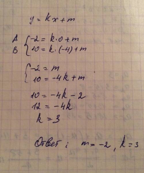 При каких значениях k и m график линейной функции y=kx+m проходит через точки a(0; -2) и b(-4; 10)