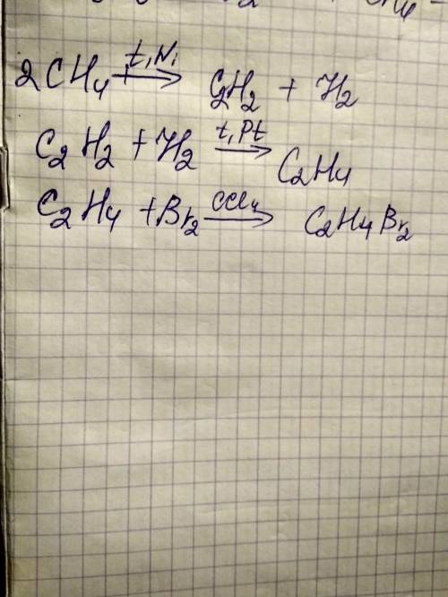 Осуществите цепочку превращения: c6h6 ch4 - c2h2 - c2h4 -c2h4br2 c2h6 ch3 = o h