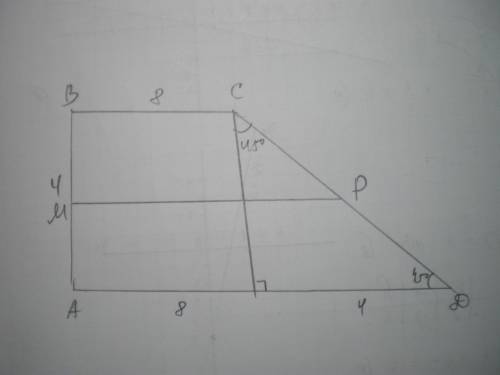 Впрямоугольной трапеции abcd угол adc = 45 градусам. ad⊥ab, ad=12 cm,ab=4 cm. найдите длину средней