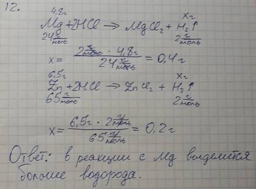 12. обчисліть, коли утвориться більше водню: у результаті взаємодії хлоридної кислоти з магнієм масо