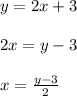 y=2x+3\\ \\ 2x=y-3\\ \\ x=\frac{y-3}{2}