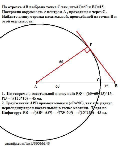 На отрезке ab выбрана точка c так, чтоac=60 и bc=15 . построена окружность с центром a , проходящая