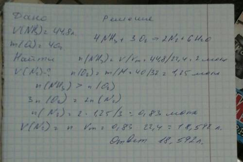 Какой объем азота образуется при сгорании 44.8 л аммиака и 40 г кислорода