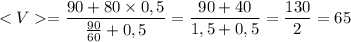 = \dfrac{90 + 80\times 0,5}{\frac{90}{60} + 0,5} = \dfrac{90 + 40}{1,5 + 0,5} = \dfrac{130}{2} = 65