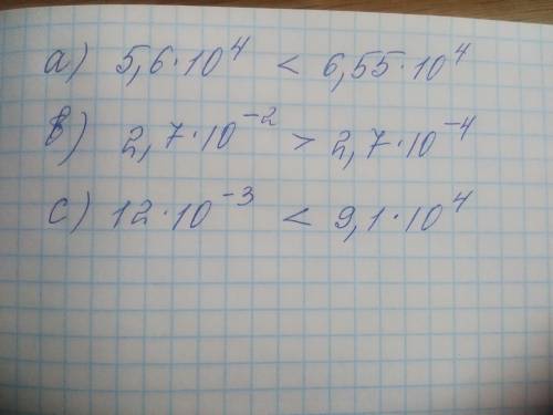 Сравните числа а) 5,6x10^4 и 6,55x10^4 в)2,7x10^-2 и 2,7x10^-4 с) 12x10^-3 и 9,1x10^4​