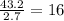 \frac{43.2}{2.7} = 16