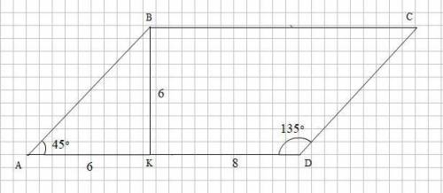 Bk- высота параллелограмма опущенная на сторону ad, угол d= 135°,bk=6 см,kd=8 см. найдите площадь па