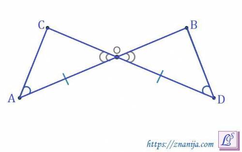 На рисунке 1 отрезки ab и cd пересекаются в точке o так, что ao=od, угол a= углу d. по какому призна
