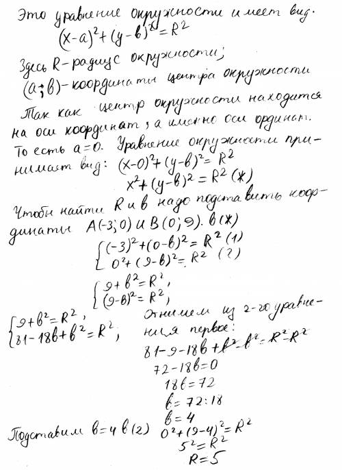 Сложить уравнение окружности с центром на оси ординат, которое проходит через точки a(-3; 0) и в(0;