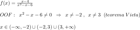 f(x)=\frac{x-4}{x^2-x-6}\\\\OOF:\; \; x^2-x-6\ne 0\; \; \Rightarrow \; \; x\ne -2\; ,\; \; x\ne 3\; \; (teorema\; Vieta)\\\\x\in (-\infty ,-2)\cup (-2,3)\cup (3,+\infty )