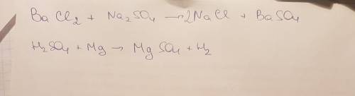1) хлорид бария + сульфат натрия ➡️ сульфит магния + водород 2) серная кислота + магний ➡️ сульфат м