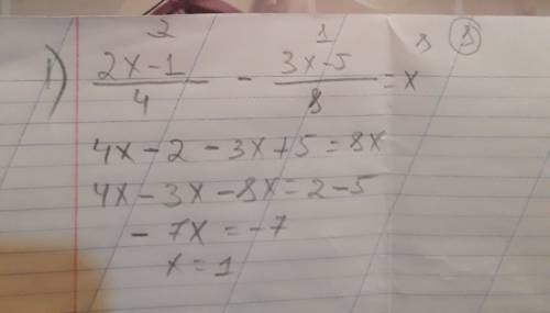 Решите уровнение: 1) 2x-1 черта дроби 4 - 3x-5 черта дроби 8 = x 2) (3x-1) (x+3) - (3x-1) (x+2) = 22