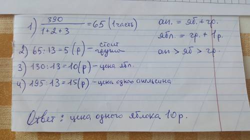 Один апельсин стоит как одно яблоко и одна груша вместе. яблоко на рубль дороже груши. купили 13 апе