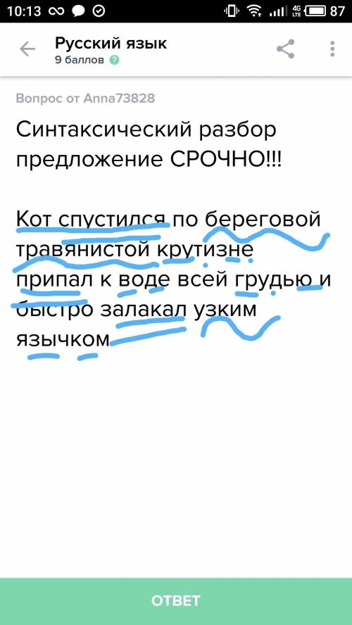 Синтаксический разбор предложение ! кот спустился по береговой травянистой крутизне припал к воде вс