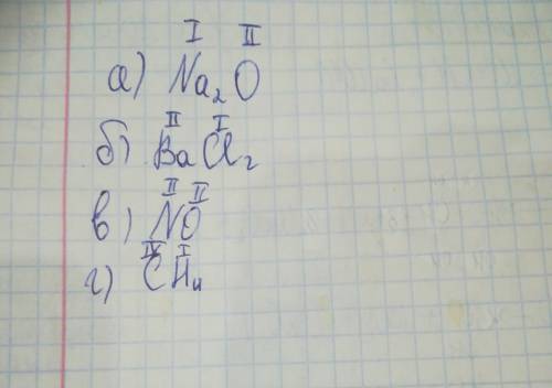 Определите валентности элементов по формуле вещества: а) na2o б)bacl2 в) no г) ch4 (цифры в формулах