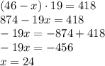 (46-x)\cdot19=418\\874-19x=418\\-19x=-874+418\\-19x=-456\\x=24