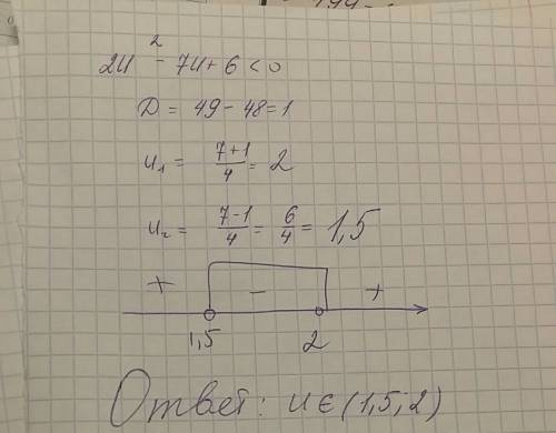 Установи при каких значениях u трёхчлен 2u^2−7u+6 принимает отрицательные значения? выбери правильны