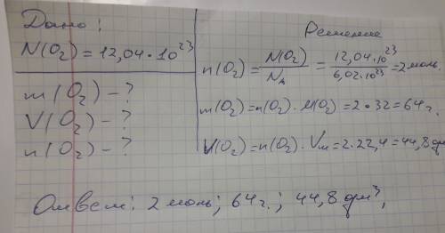 Рассчитать массу, объем (н.у.) и количество вещества для 12,04 ·1023 молекул o2. с дано: и решение: