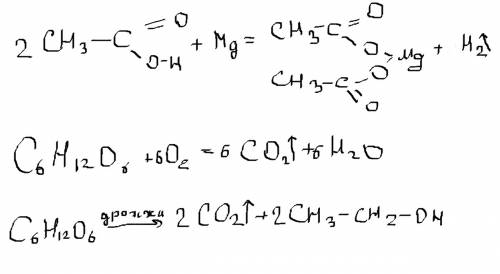 Ch3cooh+mg-> c6h12o6+o2-> c6h12o6-> спиртовое брожение