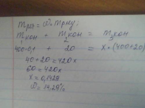 У400 г розчину калій гідроксиду з масовою часткою 10% розчинили ще 20г калій гідроксиду. обчисліть м